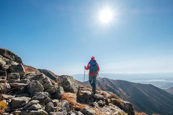 stock image Backpacker woman in bright red jacket walking by mountain range using trekking poles with Liptov valley background, Western Tatras, Slovakia. Active people and European hiking tourism concept image.