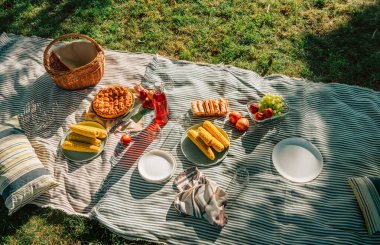 Haşlanmış mısırlı piknik battaniyesi, meyveler, sadece destekli turta, bir şişe meyve suyu, sepet, yaz parkında hayat. Kimse yok..