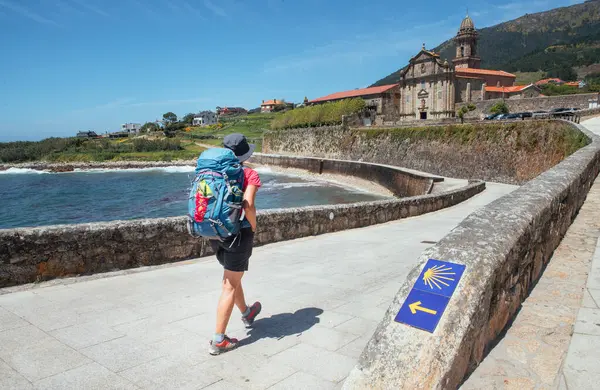 Santiago de Compostela Katedrali ünlü Camino de Santiago ile birlikte İspanya 'nın Santiago de Compostela kentindeki Obradoiro meydanında oturan neşeli orta yaşlı gezgin kadın.