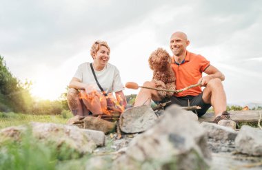 Şirin bir açık hava piknik sahnesi: Maltipoo köpekli mutlu bir çift barbekü çubuklarında ızgara yapıyor yürüyüş sırasında kamp ateşinde oturuyor aile değerlerini ve aktif yaşam tarzını yansıtıyor.