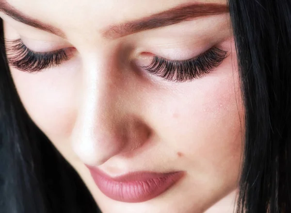 Ögonfransar Makeup Kvinna Skönhet Ansikte Med Svart Ögonfransar Förlängningar — Stockfoto