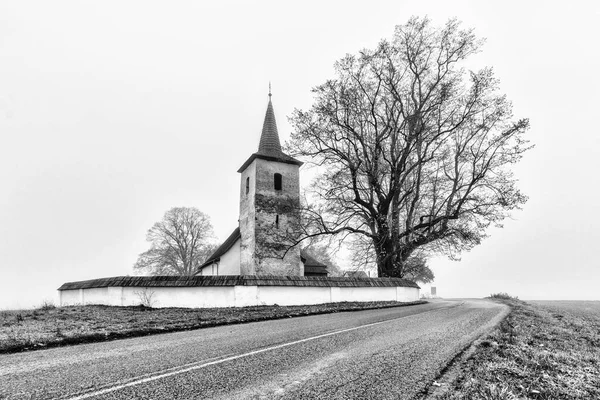 Slovakya, Ruzomberok yakınlarındaki Ludrova köyündeki eski gotik kilise. Siyah beyaz fotoğraf