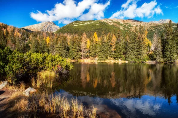 Lago Montaña Llamado Jamske Pleso Colores Otoñales Con Pico Krivan —  Fotos de Stock
