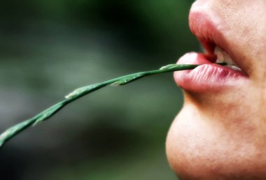 Açık bir kızın ağzından çıkan çimen sapı. Doğa sever kavramı