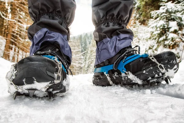 Crampons Black Hiking Boots Snowy Forest Hiking Winter — Stock Photo, Image