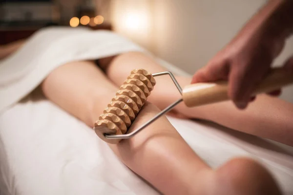 Wooden Roller Tool Cellulite Massage Massaging Legs — Stock Photo, Image