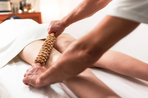 Wooden Roller Tool Cellulite Massage Massaging Legs — Stock Photo, Image
