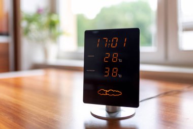 Display of home meteo station showing high interior and exterior temperature during hot summer day.