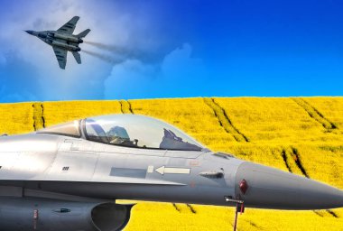 Hava avcı uçakları F-16, Rus Mig-29 ve Ukrayna bayrağı mavi gökyüzü ve sarı tarla kolajı.