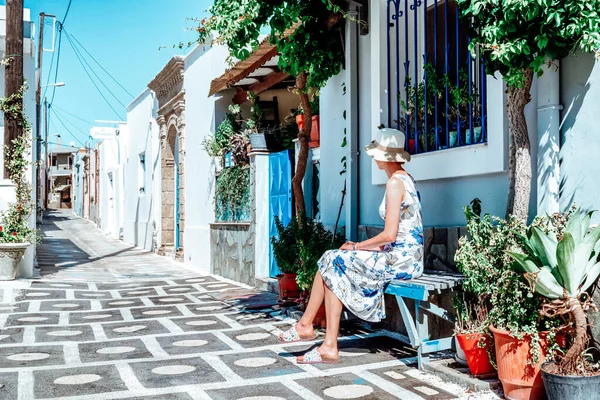Woman Long Dress Sitting Bench Greek Village Koskinou Rhodes Island — Stock Photo, Image
