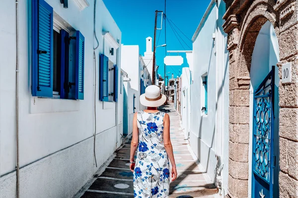 Woman Long Dress Walking Alley Greek Village Koskinou Rhodes Island — Stock Photo, Image