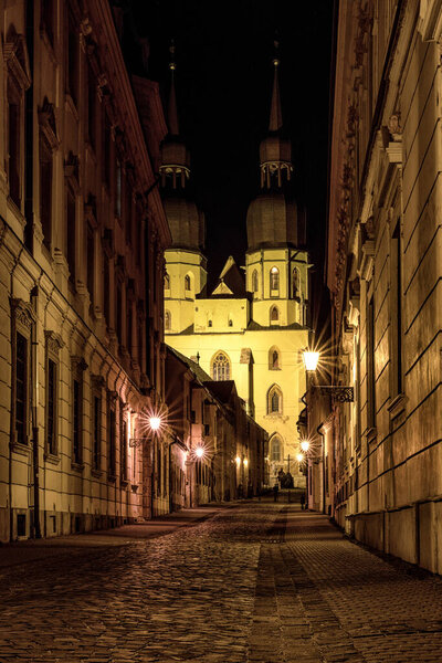 Trnava, Slovakia - March 18, 2023: Saint Nicholas Basilica in city Trnava at night