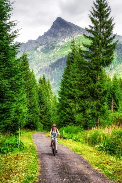 Summer Sport Activities Sporty Woman Riding Mountain Bike Road Forest — Fotografia de Stock