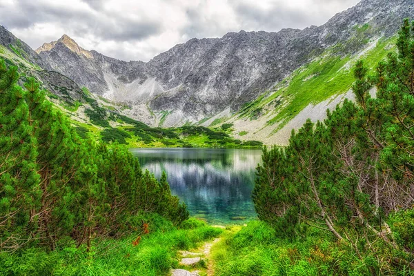 美丽的夏季湖景 峰顶为平底 斯洛伐克塔特拉山高山的Tarn Temnosmrecinske Pleso — 图库照片