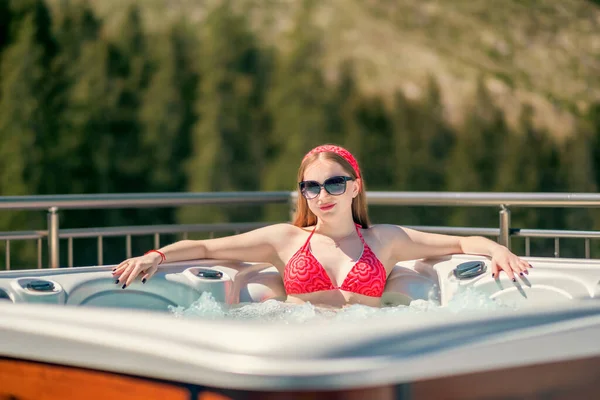Young Girl Red Swimsuit Sunglasses Relaxing Jacuzzi Forest Background — Stock Photo, Image