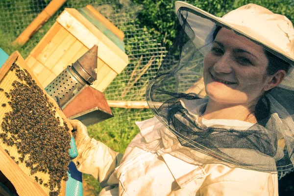 女性養蜂家と彼女の蜂 — ストック写真