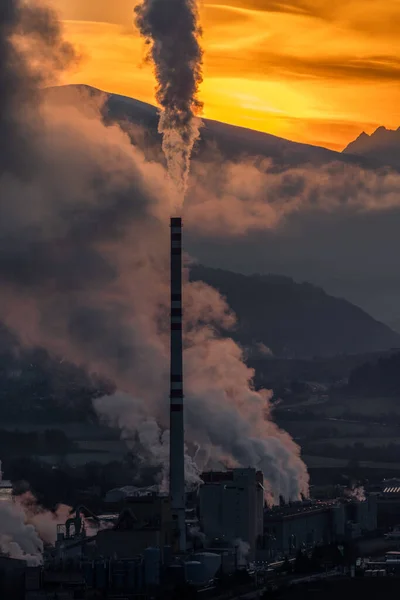Factory Chimney Smoke Steam Colorful Sunset Background — Stock Photo, Image
