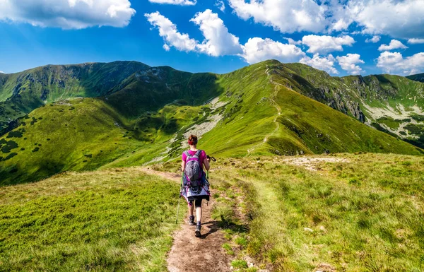 Dívka Batohem Pěší Turistiku Trekking Hůlky Pohoří Nízké Tatry Slovensko — Stock fotografie