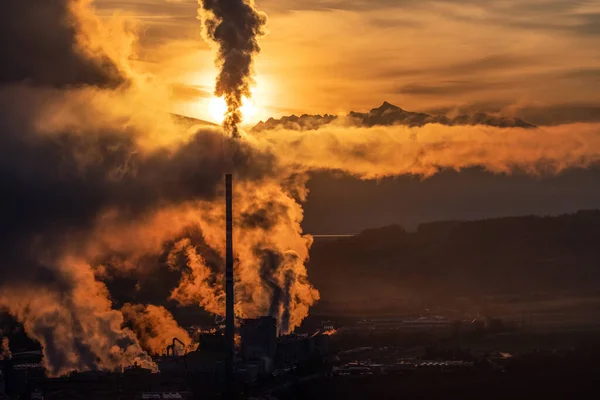 Bacalı Fabrikadan Duman Buhar Endüstriyel Hava Kirliliği Arkaplanda Renkli Bir — Stok fotoğraf