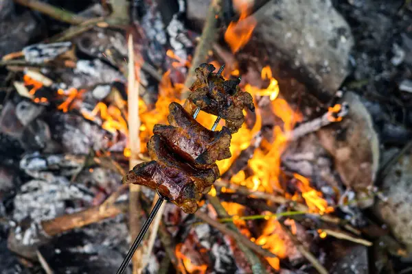 Barbacoa Con Fuego Abierto Salchichas Asador —  Fotos de Stock