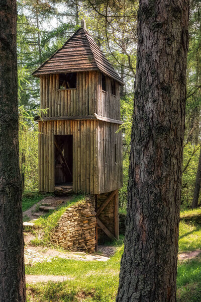 Wooden tower in Archaeological museum of Havranok in Slovakia.