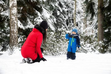 Anne ve bebek karlı kış ormanlarında oynuyorlar..