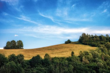 Gökyüzünde bulutlar olan kırsal bölge.