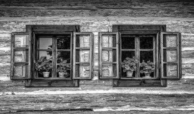 Flowers in pot and open window on wooden cottage clipart