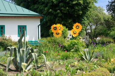 Bahar bahçesindeki kır evi.
