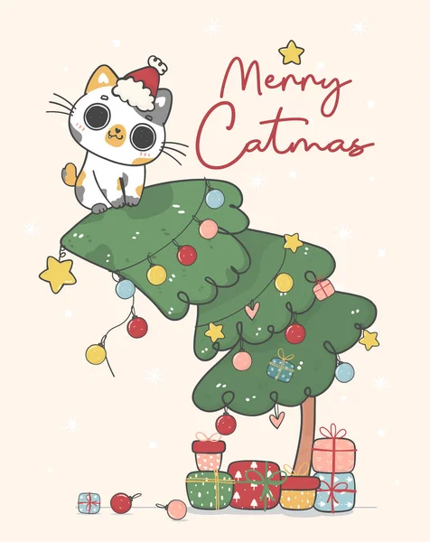 Noel Süslemeli Çam Ağacında Asılı Sevimli Yaramaz Kısa Kuyruklu Kedi — Stok Vektör