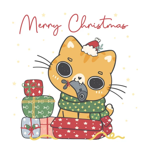 可爱的姜黄猫咪 圣诞礼物鱼 站在粉色礼品盒里 闷闷不乐的圣诞 可爱快乐的卡通动物手绘向量 — 图库矢量图片