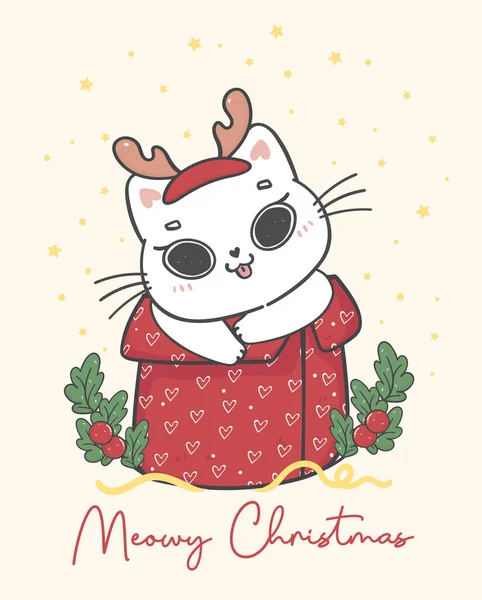 Милый Озорной Белый Котенок Кот Рождество Красную Коробку Подарка Мяукающее — стоковый вектор