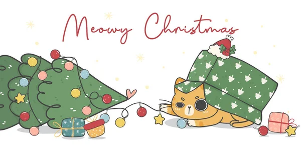 귀엽고 냄새나는 오렌지색 고양이가 크리스마스 장식의 소나무 크리스마스 캐릭터 인사를 — 스톡 벡터