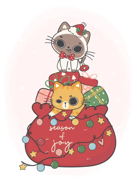 可爱淘气的卡利科猫咪圣诞在红色圣诞老人袋里 闷闷不乐的圣诞 可爱快乐的卡通动物手绘病媒 — 图库矢量图片
