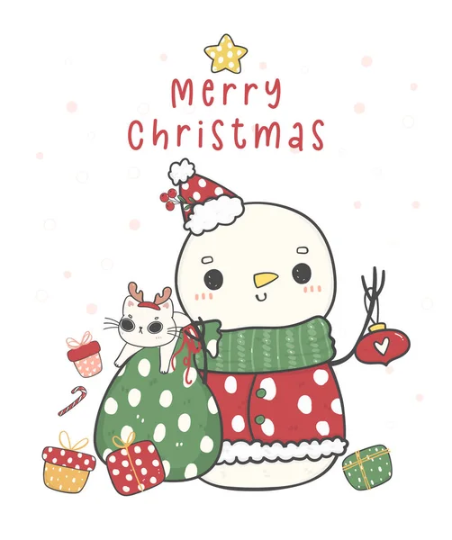 Roztomilý Vánoční Santa Sněhulák Taškou Dárků Kočka Veselé Vánoce Kreslený — Stockový vektor