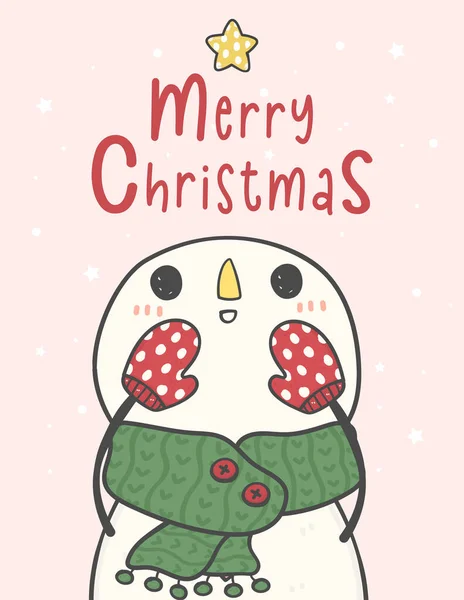 可爱的绿色围巾雪人高喊圣诞快乐涂鸦卡通画矢量 — 图库矢量图片