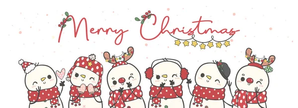 一群可爱的快乐雪人和闷闷不乐的圣诞横幅漫画涂鸦手绘矢量 — 图库矢量图片