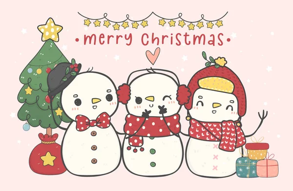 三个可爱的快乐圣诞雪人庆祝 快乐圣诞 涂鸦卡通画矢量 — 图库矢量图片