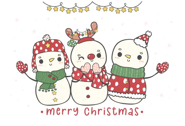 一组三只可爱的快乐圣诞雪人拥抱 快乐圣诞 涂鸦卡通画矢量 — 图库矢量图片