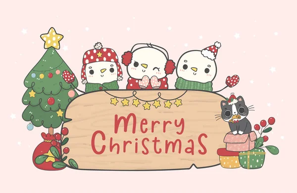 Groupe Trois Bonhommes Neige Joyeux Noël Mignon Avec Panneau Bois — Image vectorielle