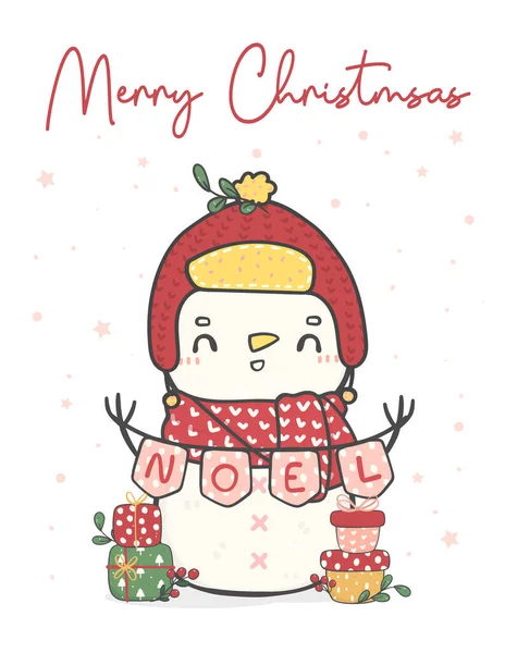 可爱的雪人 戴着冬季围巾 头戴诺埃尔旗的帽子 快乐的圣诞涂鸦卡通画矢量 — 图库矢量图片