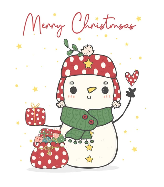 Χαριτωμένο Χαρούμενος Χιονάνθρωπος Κασκόλ Χειμώνα Και Καπέλο Τσάντα Των Δώρων — Διανυσματικό Αρχείο