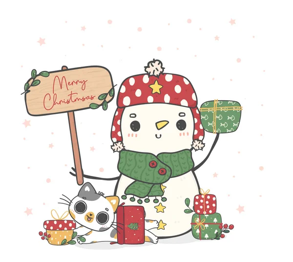 Милий Щасливий Сніговик Зимовому Шарфі Капелюсі Каліко Кішкою Веселий Різдвяний — стоковий вектор
