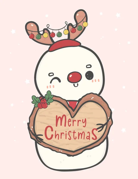 可爱快乐的雪人驯鹿抓起木板牌心形快乐的圣诞涂鸦卡通画矢量 — 图库矢量图片