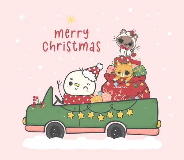 可爱的猫和雪人驾驶着一辆圣诞绿色卡车 车上装有一袋礼物盒 卡通涂鸦手绘病媒 — 图库矢量图片