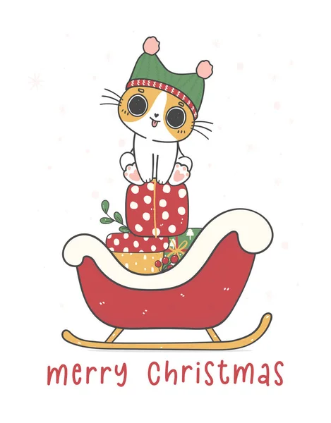 在圣诞老人的雪橇上 可爱的猫坐在一堆礼物盒上 快乐的卡通涂鸦手绘病媒 — 图库矢量图片