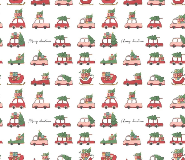 Muster Nahtlosen Hintergrund Niedlich Weihnachtsauto Mit Weihnachtsbaum Und Geschenk Boxen — Stockvektor