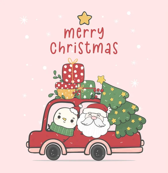 圣诞红车上可爱的圣诞老人和雪人 屋顶上挂着礼品盒 卡通涂鸦手绘病媒 — 图库矢量图片