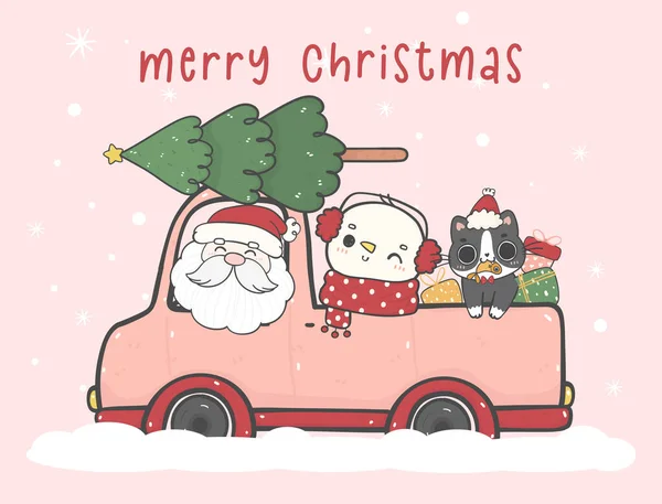 可爱的圣诞老人和雪人开着圣诞粉红轿车 屋顶上挂着圣诞树 卡通涂鸦手绘着病媒 — 图库矢量图片