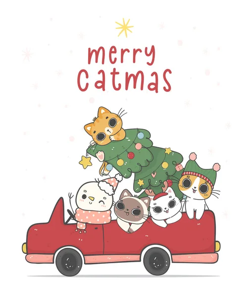 一群不同品种的猫和雪人乘坐着一辆挂满松树的圣诞红色圣诞轿车 快乐的卡通涂鸦手绘病媒 — 图库矢量图片